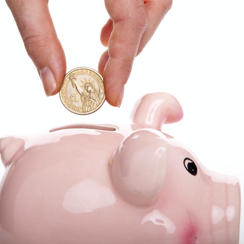 Hand places coin in pink piggy bank